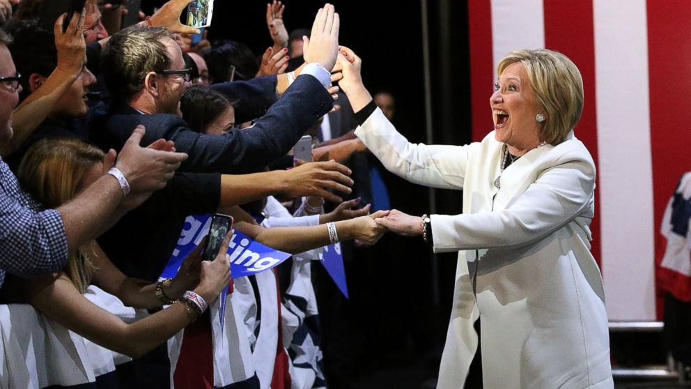 PHOTO: Democratic presidential candidate former Secretary of State Hillary Clinton greets supporters during her Super Tuesday evening gathering Stage One Ice Studios on March 1, 2016 in Miami, Fla.