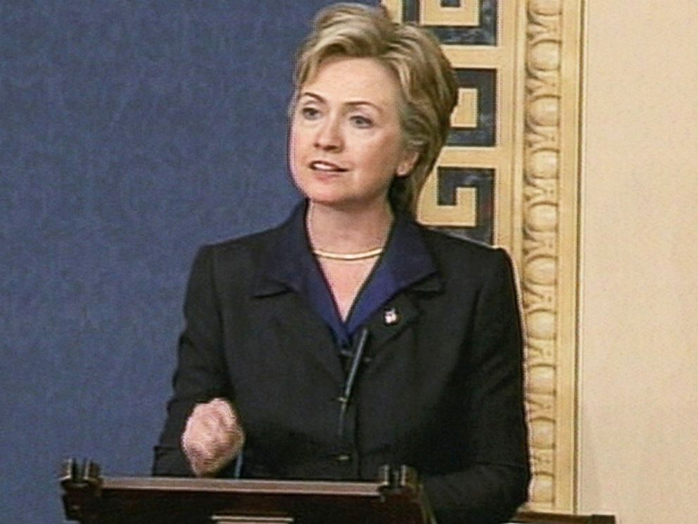 PHOTO: Then U.S. Senator Hillary Rodham Clinton is seen in this still from video as she speaks during a debate on Joint Resolution 114 to support President Bush in the use of force against Iraq, Oct. 11, 2002 in Washington, D.C.