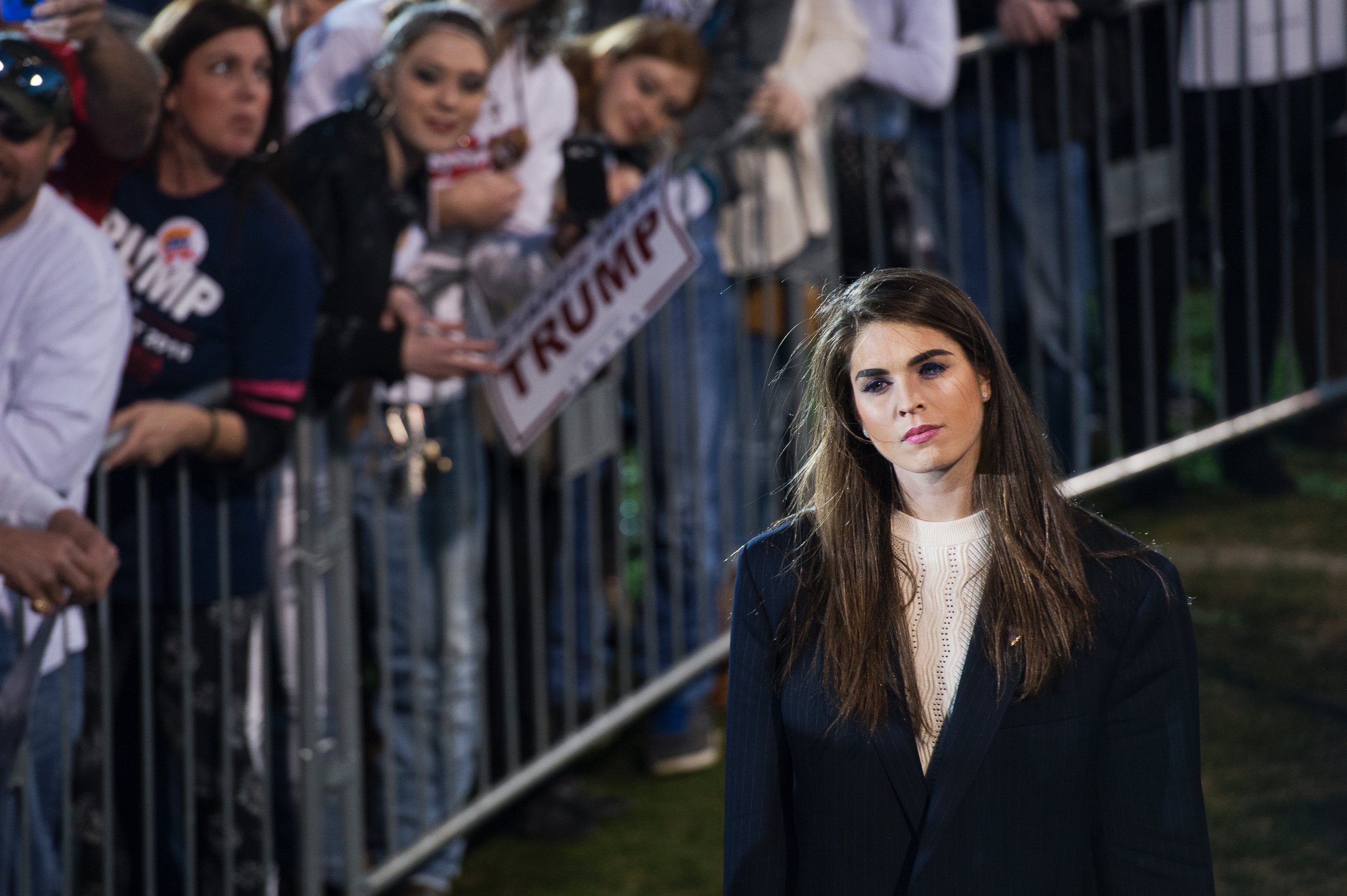 PHOTO: Hope Hicks, communications aide for Republican presidential candidate Donald Trump, attends a campaign rally at Madison City Schools Stadium in Madison, Ala., Feb. 28, 2016.