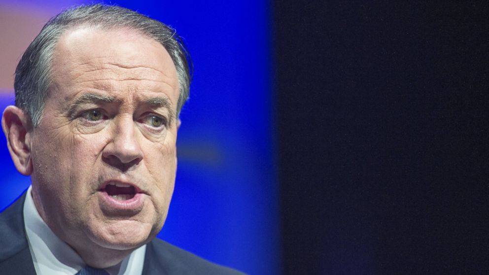 PHOTO: Mike Huckabee speaks to the media shortly before his speech at the 10th Annual Christians United for Israel Summit, July 13, 2015, at the Washington Convention Center, in Washington.