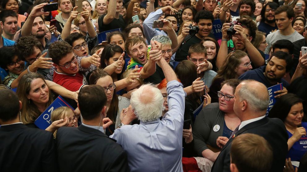 Presidential candidate Bernie Sanders shakes hands with people during a campaign rally at the Century Center on May 1, 2016 in South Bend, Indiana.