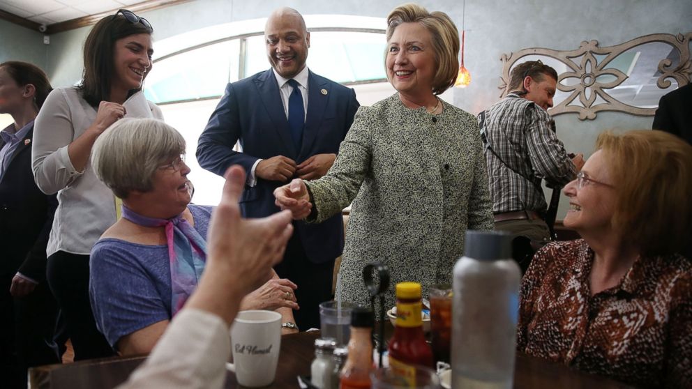 PHOTO: Presidential candidate Hillary Clinton greets people at the Lincoln Square pancake house as she campaign for votes on May 1, 2016 in Indianapolis.