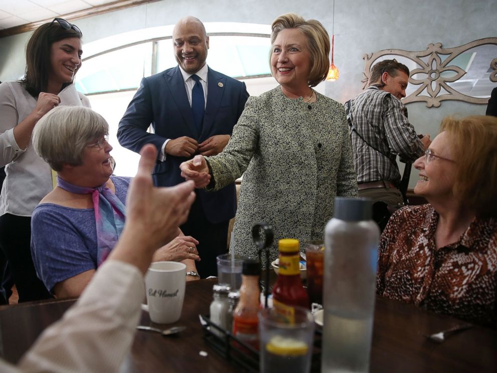 PHOTO: Presidential candidate Hillary Clinton greets people at the Lincoln Square pancake house as she campaign for votes on May 1, 2016 in Indianapolis.