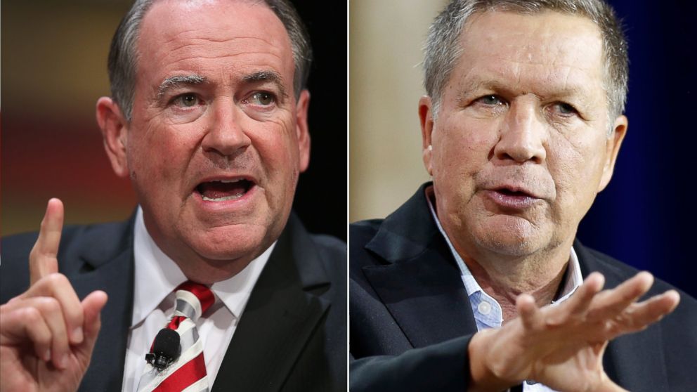 Mike Huckabee speaks at an event in Ames, Iowa on July 18, 2015 and John Kasich speaks at a summit in Londonderry, N.H. on Aug. 19, 2015.