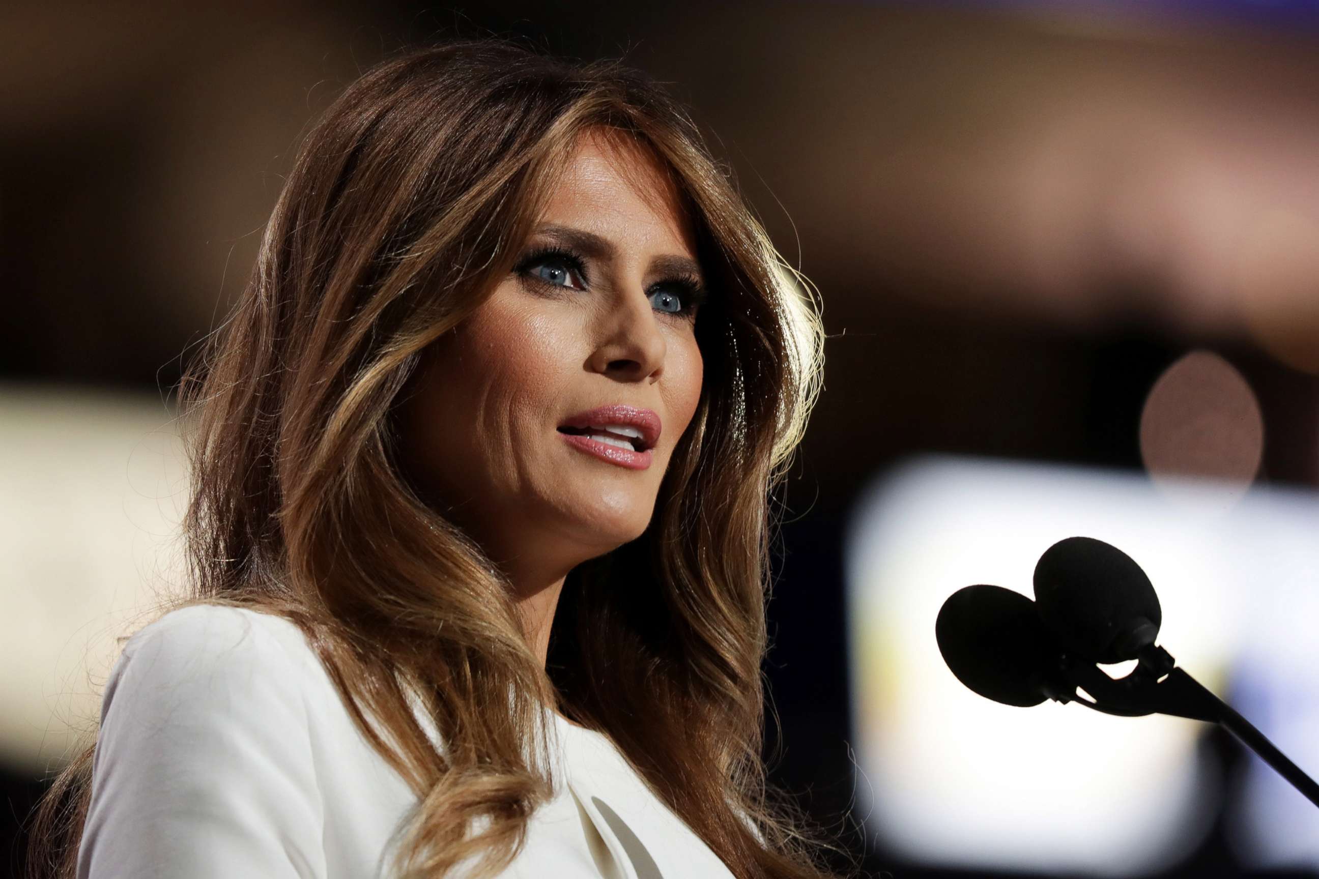 PHOTO: Melania Trump, wife of Presumptive Republican presidential nominee Donald Trump, delivers a speech on the first day of the Republican National Convention on July 18, 2016, at the Quicken Loans Arena in Cleveland.