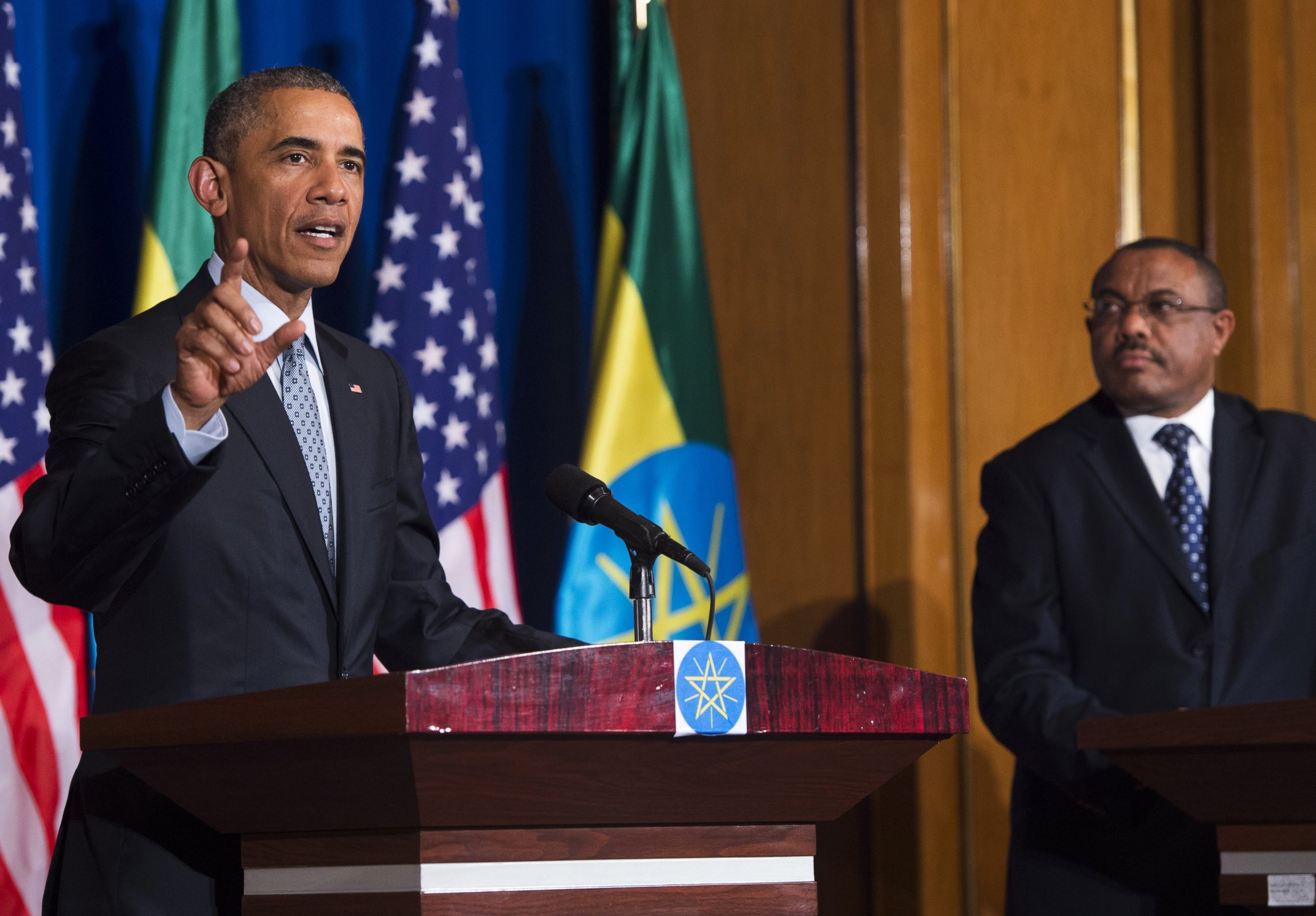 PHOTO: President Barack Obama speaks during a joint press conference with Ethiopian Prime Minister Hailemariam Desalegn at the National Palace, July 27, 2015, in Addis Ababa, Ethiopia.