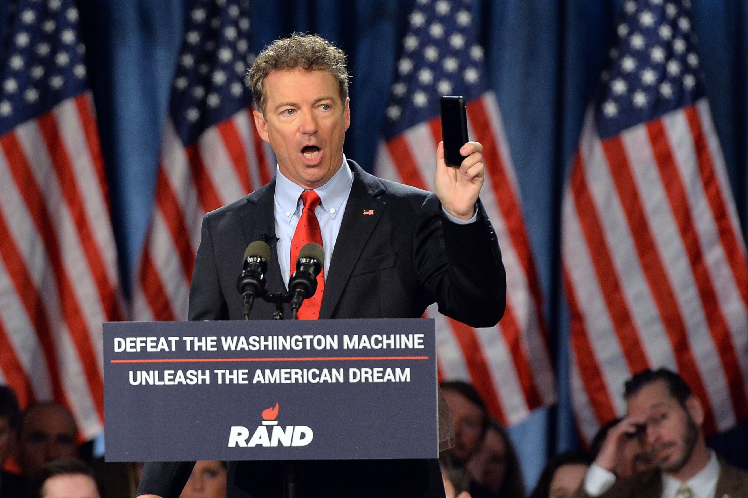 PHOTO: Senator Rand Paul speaks to supporters during the kickoff of the  National Stand with Rand tour on April 7, 2015 in Louisville, Ky.