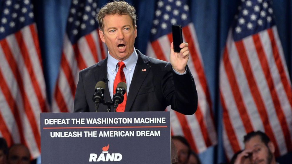 PHOTO: Senator Rand Paul speaks to supporters during the kickoff of the  National Stand with Rand tour on April 7, 2015 in Louisville, Ky.