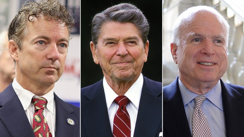 Rand Paul is seen at an event in Urbandale, Iowa on Aug. 6, 2014, Ronald Reagan is pictured in 1985, and John McCain attends an event in Como, Italy, Sept. 5, 2014.
