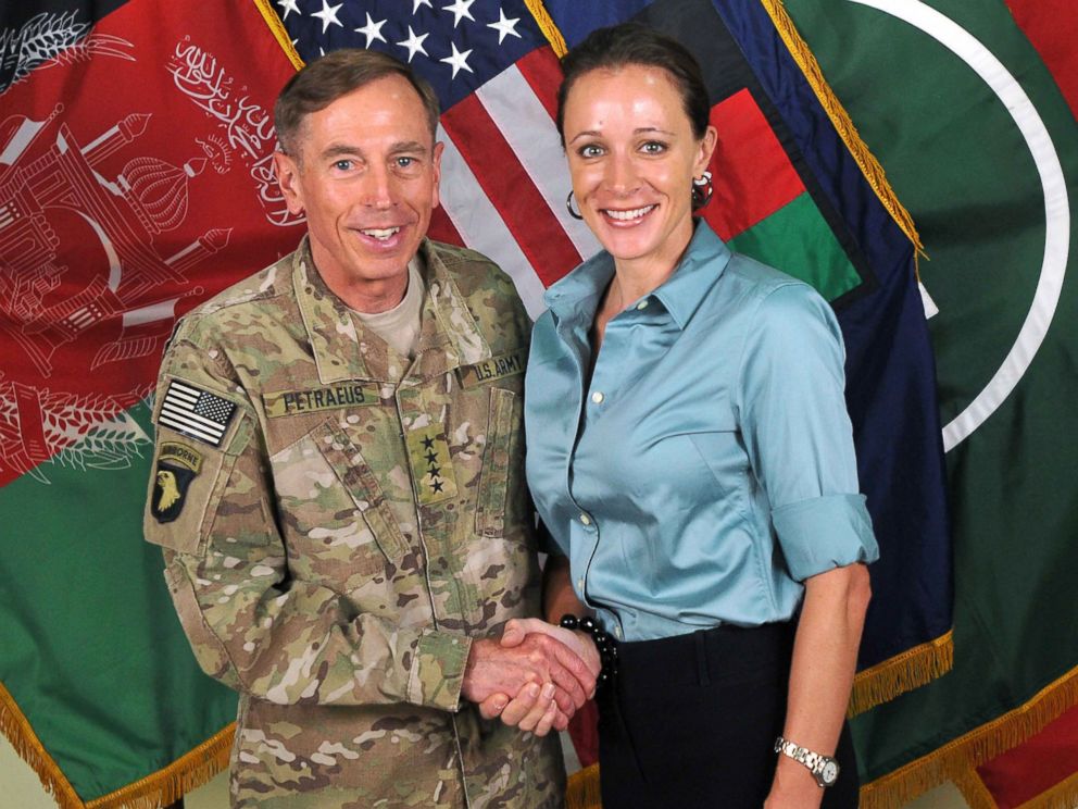 PHOTO: In this handout image provided by the International Security Assistance Force, former Commander of International Security Assistance Force and U.S. Forces-Afghanistan; CIA Director Gen. Davis Petraeus shakes hands with biographer Paula Broadwell.