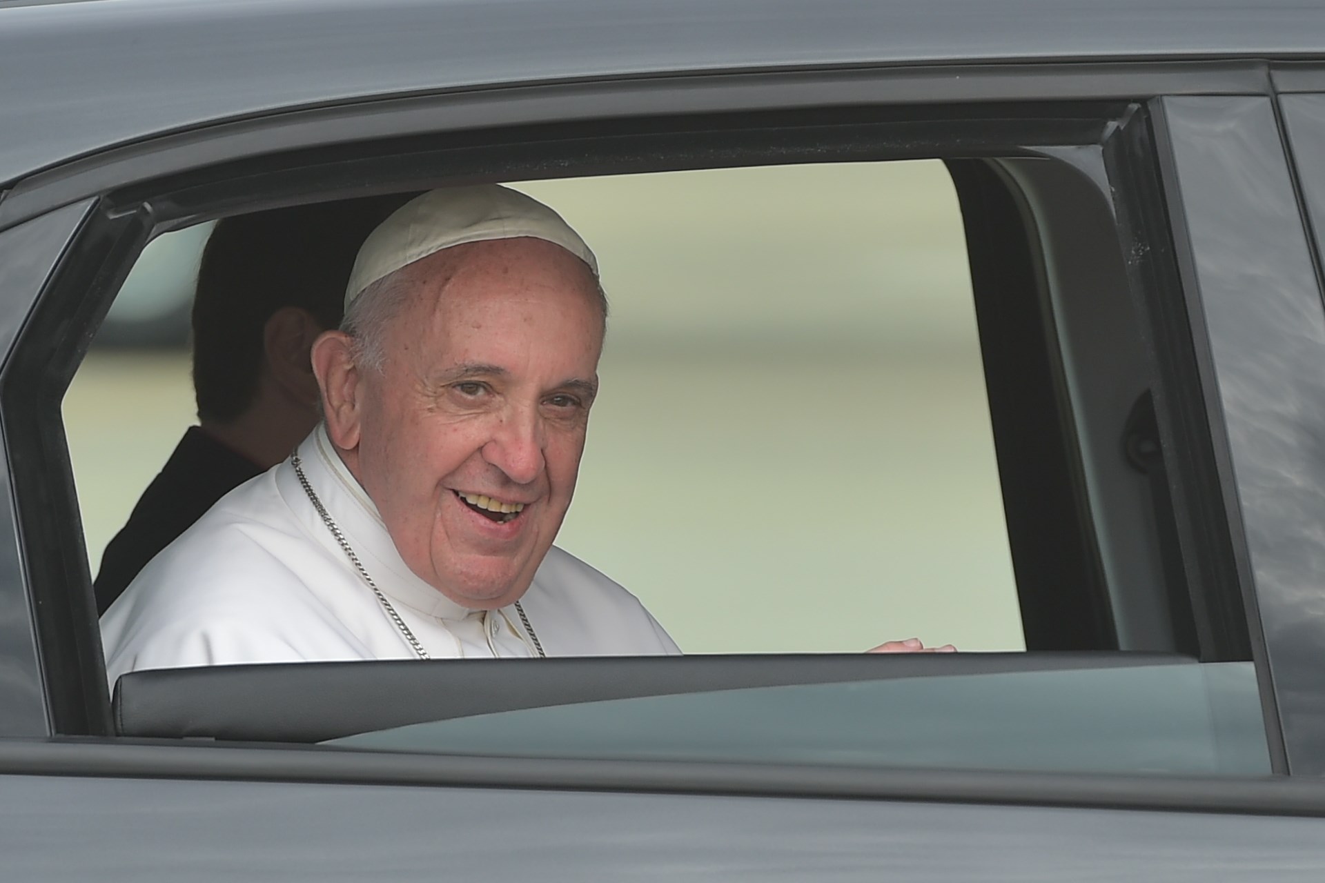 PHOTO: Pope Francis looks out of the window of his automobile after after his arrival at Andrews Air Force Base in Maryland on Sept. 22, 2015.