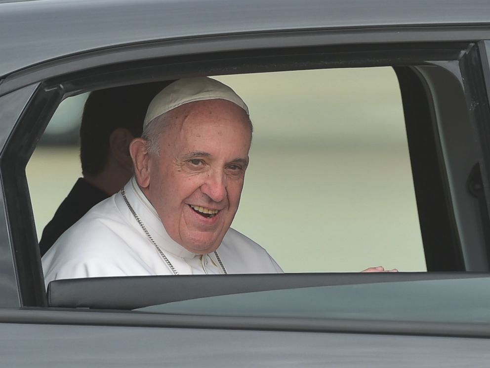 PHOTO: Pope Francis looks out of the window of his automobile after after his arrival at Andrews Air Force Base in Maryland on Sept. 22, 2015.