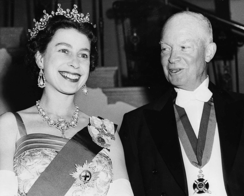 PHOTO: Queen Elizabeth II stands with Former President Dwight D. Eisenhower at a White House State banquet, Oct. 20, 1957, in Washington. Eisenhower is wearing the British Order of Merit awarded him by King George VI after World War II.