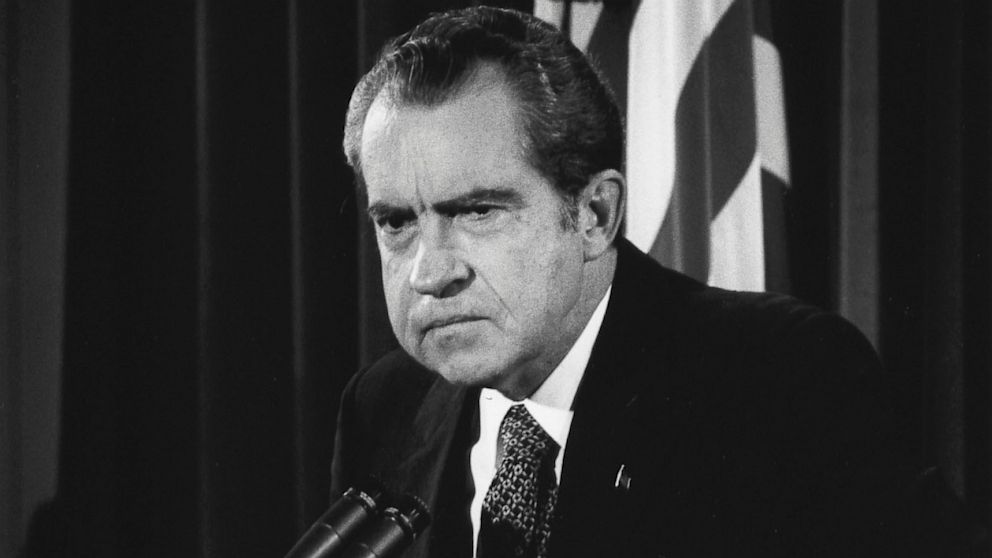 President Richard Nixon answers questions about the Watergate scandal in the East Room of the White House on Oct. 1973 in Washington, D.C.