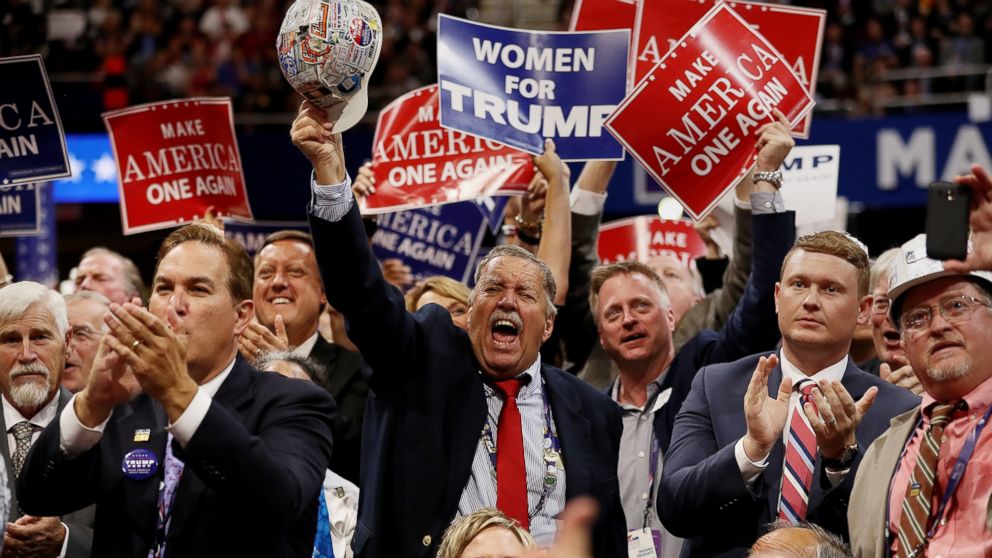 PHOTO: Delegates cheer as Republican presidential candidate Donald Trump delivers his speech on the final day of the Republican National Convention, July 21, 2016 at the Quicken Loans Arena in Cleveland.