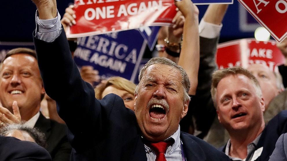 PHOTO: Delegates cheer as Republican presidential candidate Donald Trump delivers his speech on the final day of the Republican National Convention, July 21, 2016 at the Quicken Loans Arena in Cleveland.