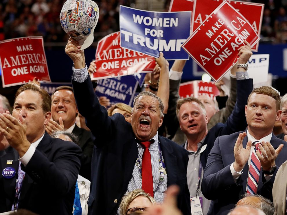 PHOTO: Delegates cheer as Republican presidential candidate Donald Trump delivers his speech on the final day of the Republican National Convention, July 21, 2016 at the Quicken Loans Arena in Cleveland.