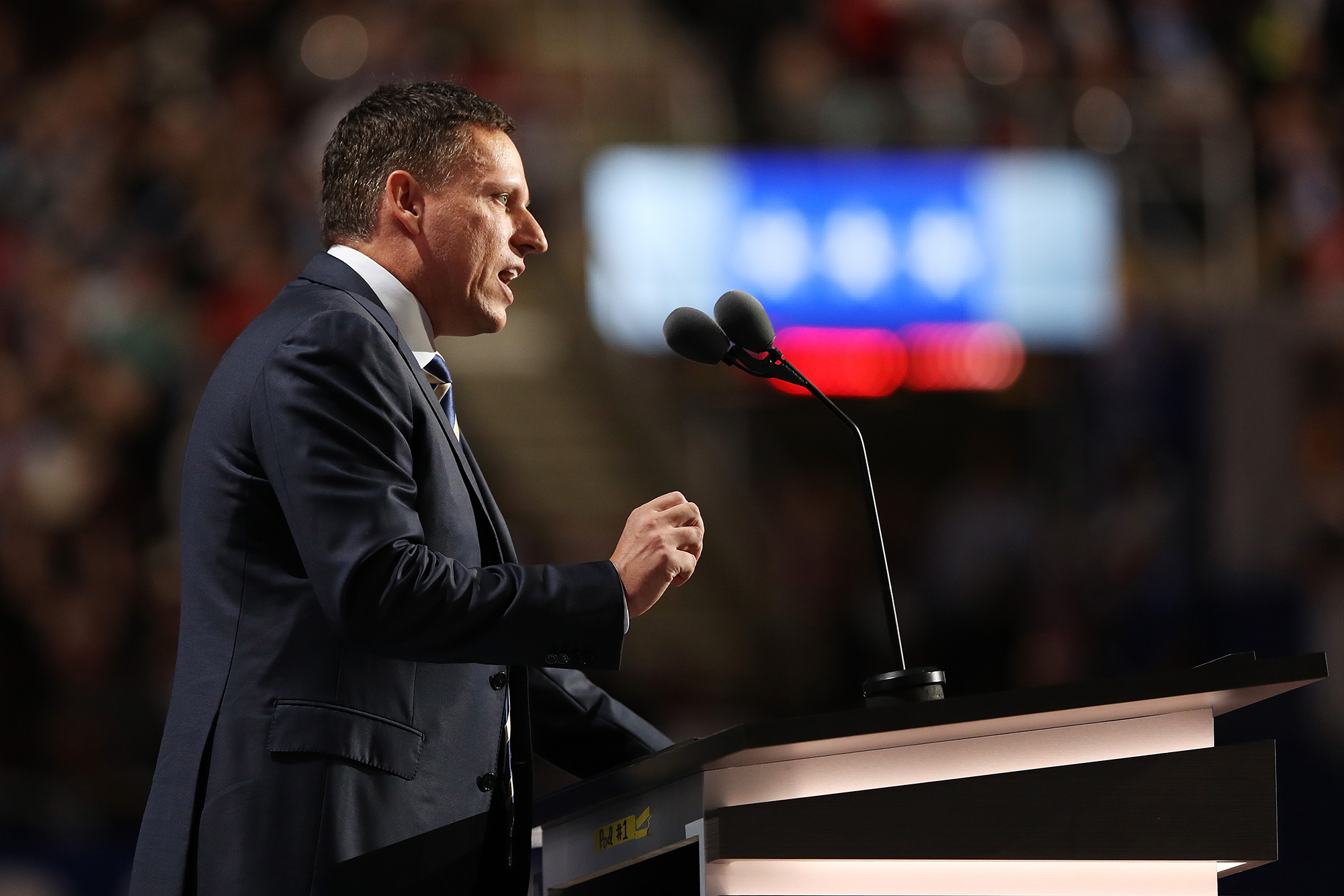 PHOTO: Peter Thiel, co-founder of PayPal, delivers a speech during the evening session on the last day of the Republican National Convention on July 21, 2016 in Cleveland.