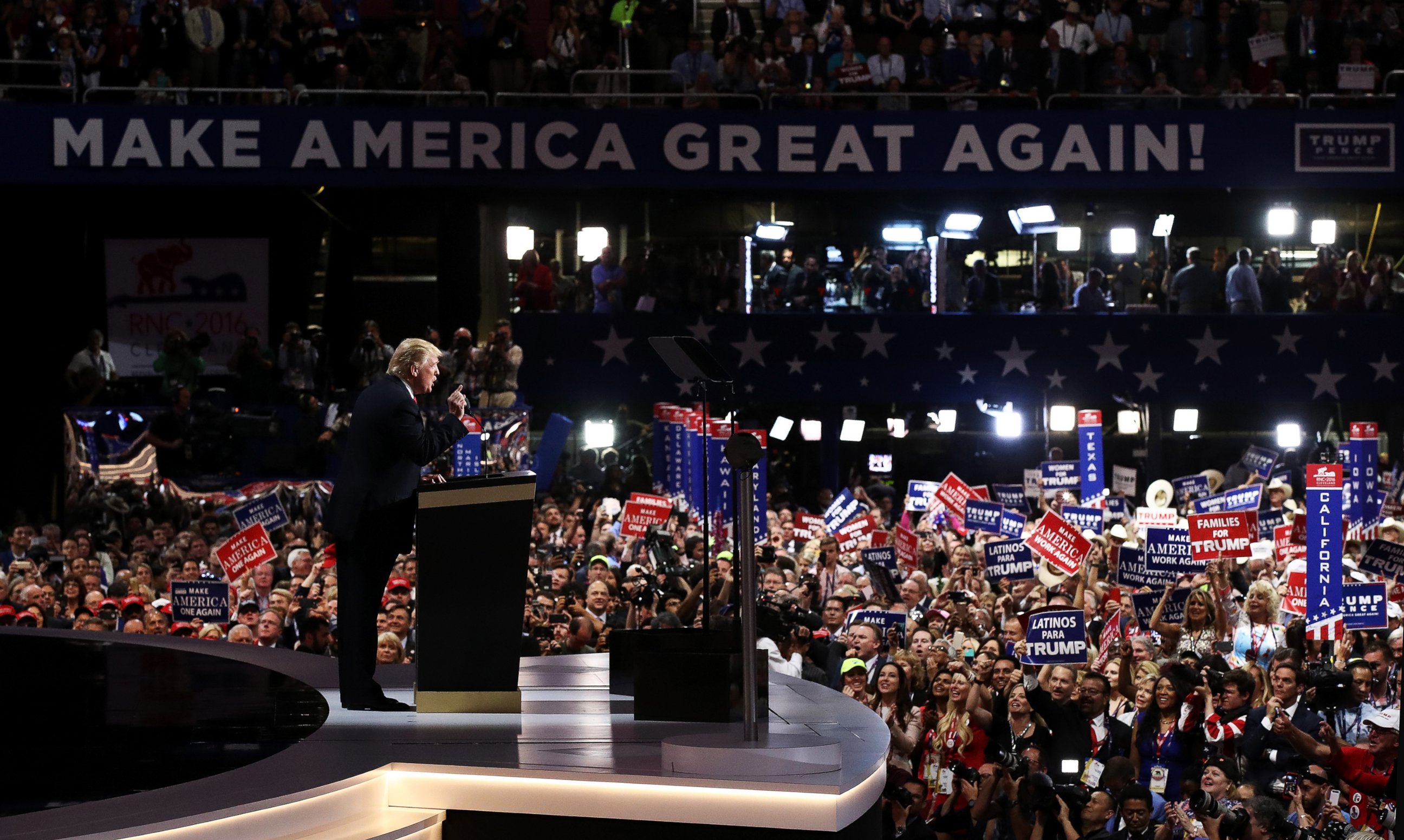 PHOTO: Republican presidential candidate Donald Trump delivers a speech after accepting the nomination on the fourth day of the Republican National Convention on July 21, 2016 in Cleveland.