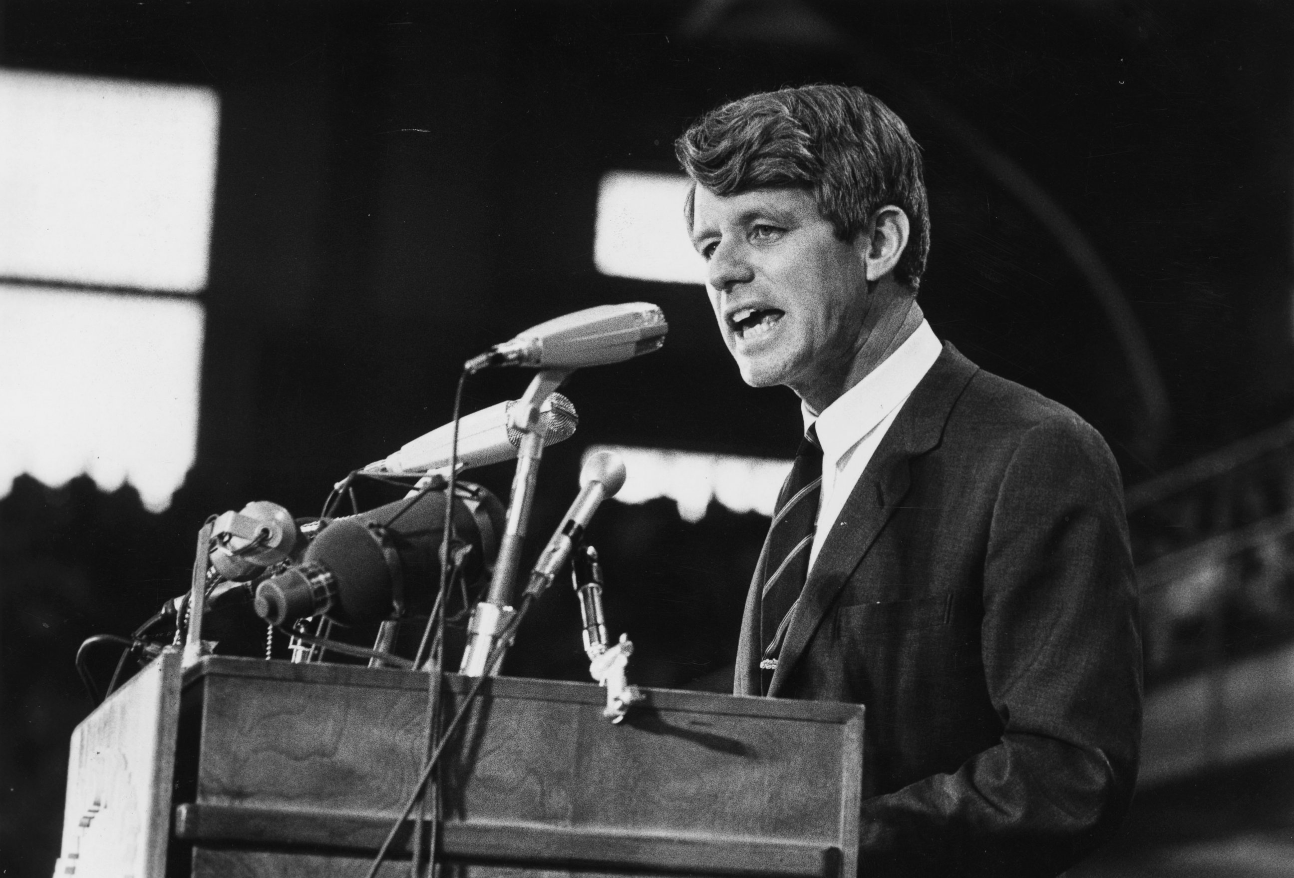 PHOTO: Senator Robert Kennedy speaking at an election rally, 1968.