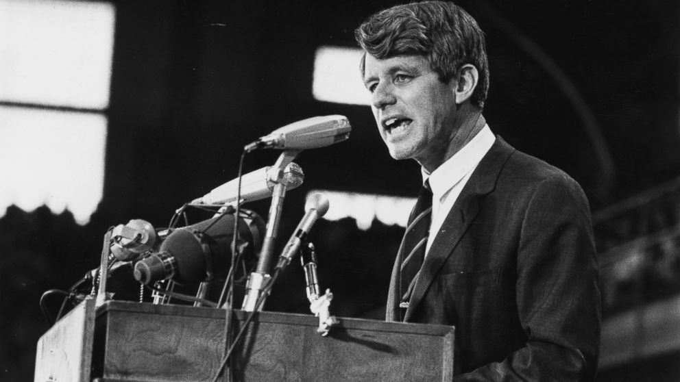 Senator Robert Kennedy speaking at an election rally, 1968.