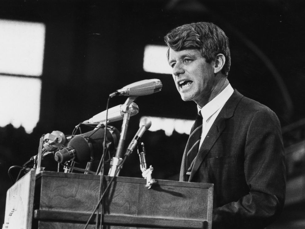 PHOTO: Senator Robert Kennedy speaking at an election rally, 1968.