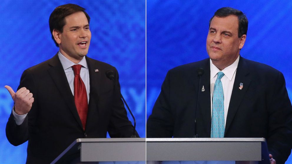Republican presidential candidates Sen. Marco Rubio and Gov. Chris Christie participate in the Republican presidential debate at St. Anselm College on Feb. 6, 2016, in Manchester, New Hampshire. 