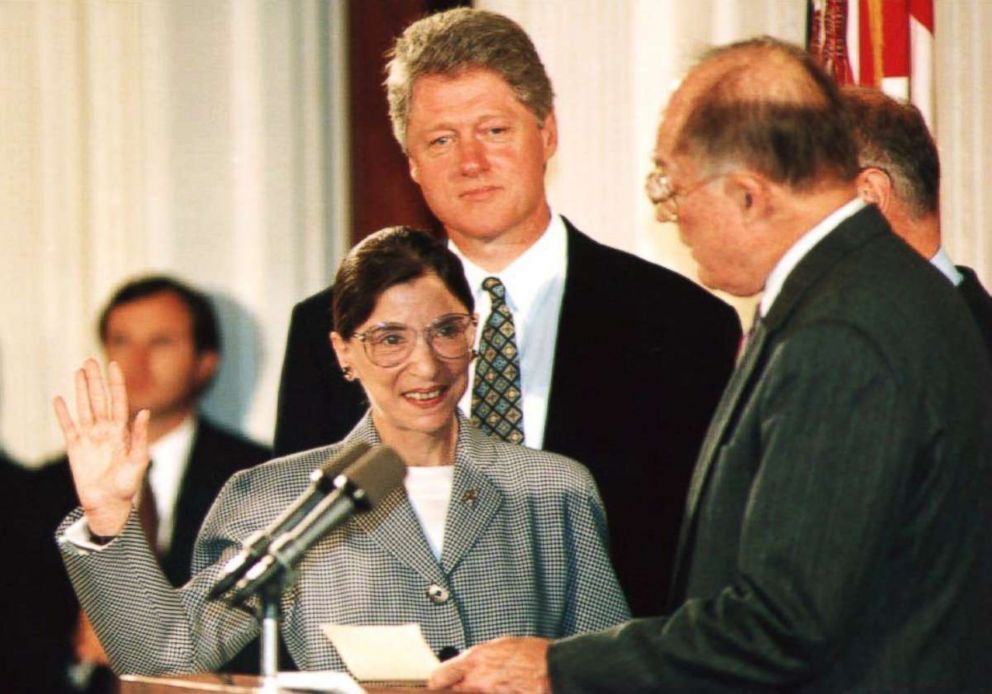 PHOTO: Chief Justice of the Supreme Court William Rehnquist, right, administers the oath of office to newly-appointed Supreme Court Justice Ruth Bader Ginsburg as President Bill Clinton looks, Aug. 10 1993. 