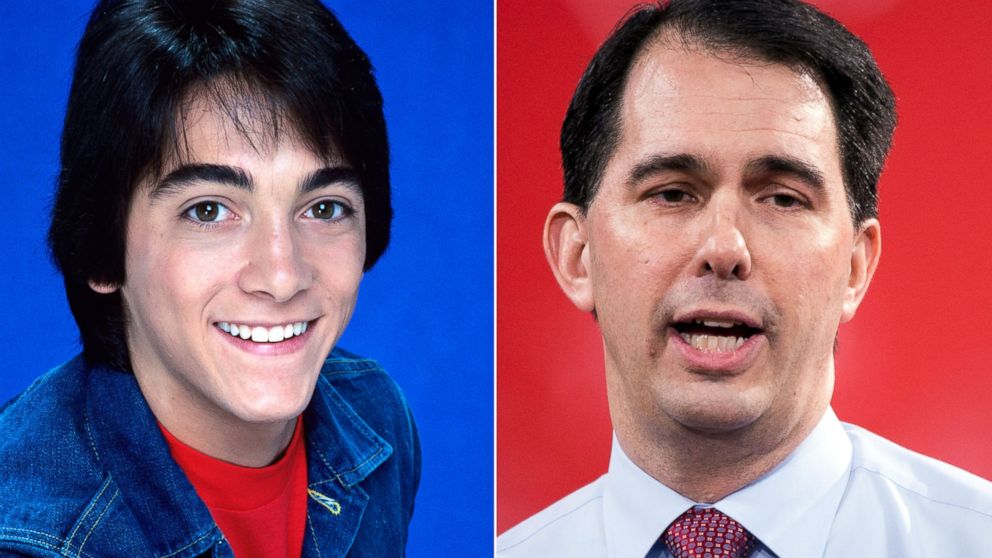 Scott Baio poses for a promotional photo for "Joanie Loves Chachi," Sept. 30, 1982 and Gov. Scott Walker speaks at CPAC in National Harbor, Maryland on Feb. 26, 2015.
