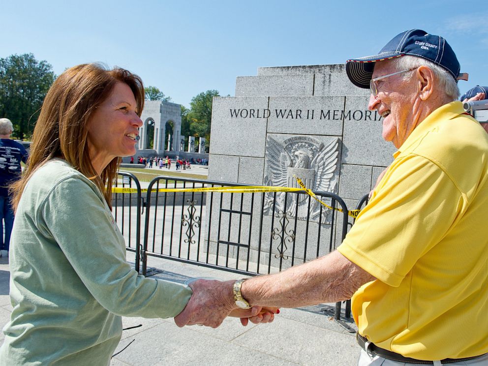 PHOTO: US Rep. Michelle Bachmann, R-MN, greets a US military war veteran