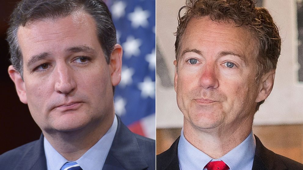 PHOTO: Senator Ted Cruz is seen in Washington in this Sept. 9, 2014 file photo. Right, Senator Rand Paul is seen in Atkins, Iowa in this April 25, 2015 file photo.
