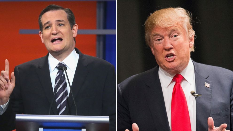 Sen. Ted Cruz speaks at the first Republican presidential debate on Aug.6, 2015 in Cleveland, Ohio and Donald Trump speaks to guests following a town hall meeting on Nov. 19, 2015 in Newton, Iowa.