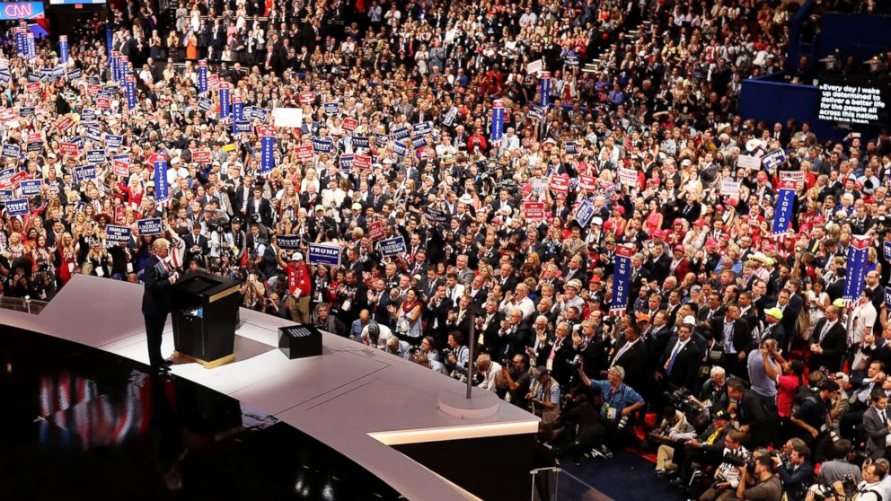 Donald Trump delivers a speech during the evening session on the fourth day of the Republican National Convention, July 21, 2016, at the Quicken Loans Arena in Cleveland, Ohio. 