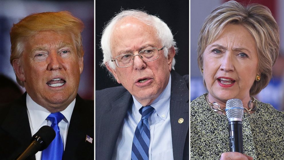 PHOTO: Presidential candidates Donald Trump, Bernie Sanders and Hillary Clinton speak on the campaign trail in 2016.