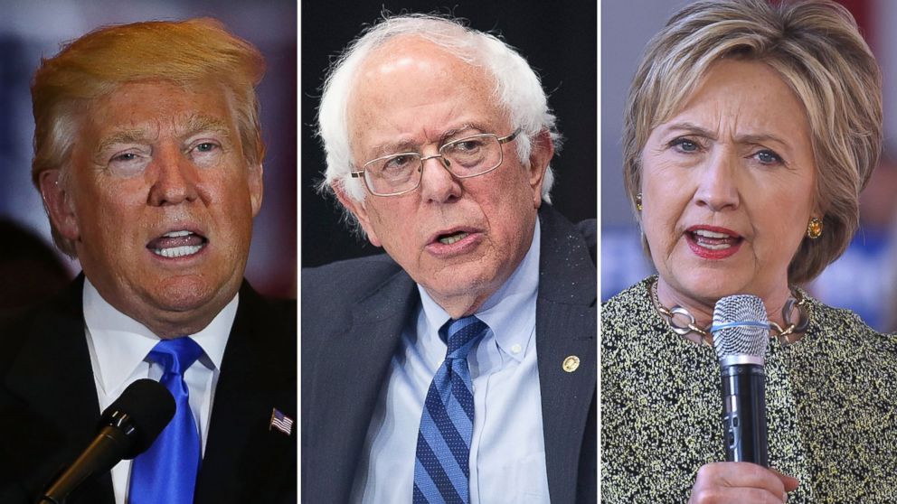 PHOTO: Presidential candidates Donald Trump, Bernie Sanders and Hillary Clinton speak on the campaign trail in 2016.