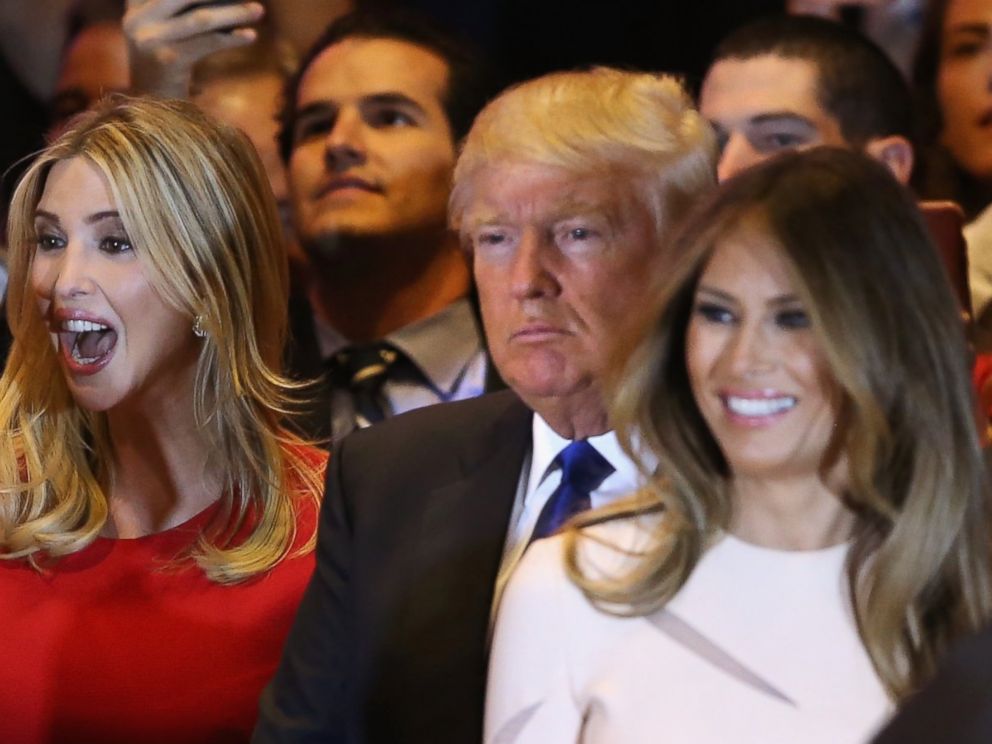 PHOTO: Presidential candidate Donald Trump greets supporters with his wife Melania Trump and daughter Ivanka Trump after winning the New York state primary on April 19, 2016 in New York City.
