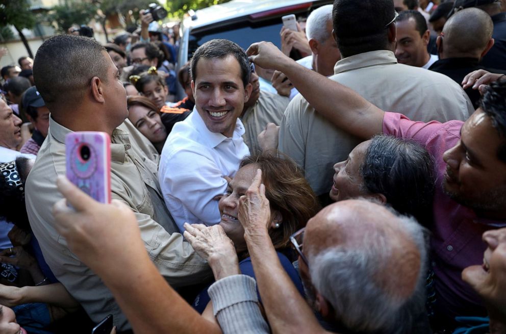 PHOTO: Juan Guaido, president of Venezuela's National Assembly, greets supporters after a citizen assembly in Caracas, Venezuela, Jan. 11, 2020.