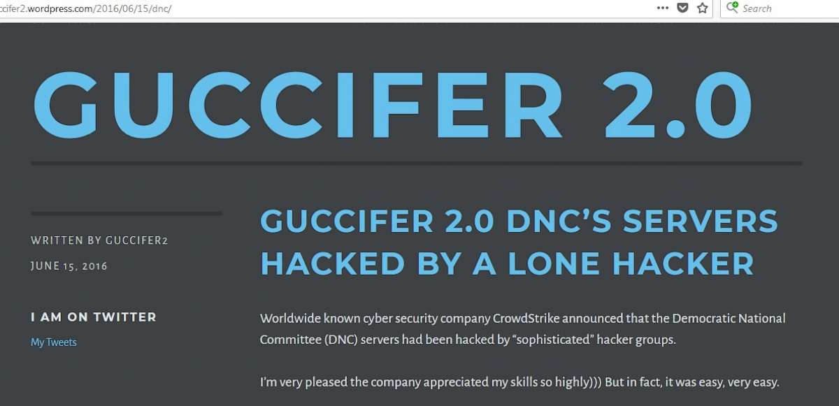 PHOTO: A screenshot from the website of "Guccifer 2.0," which Special Counsel Robert Mueller and the U.S. intelligence community has accused of being a fake personal created and maintained by Russian intelligence services.