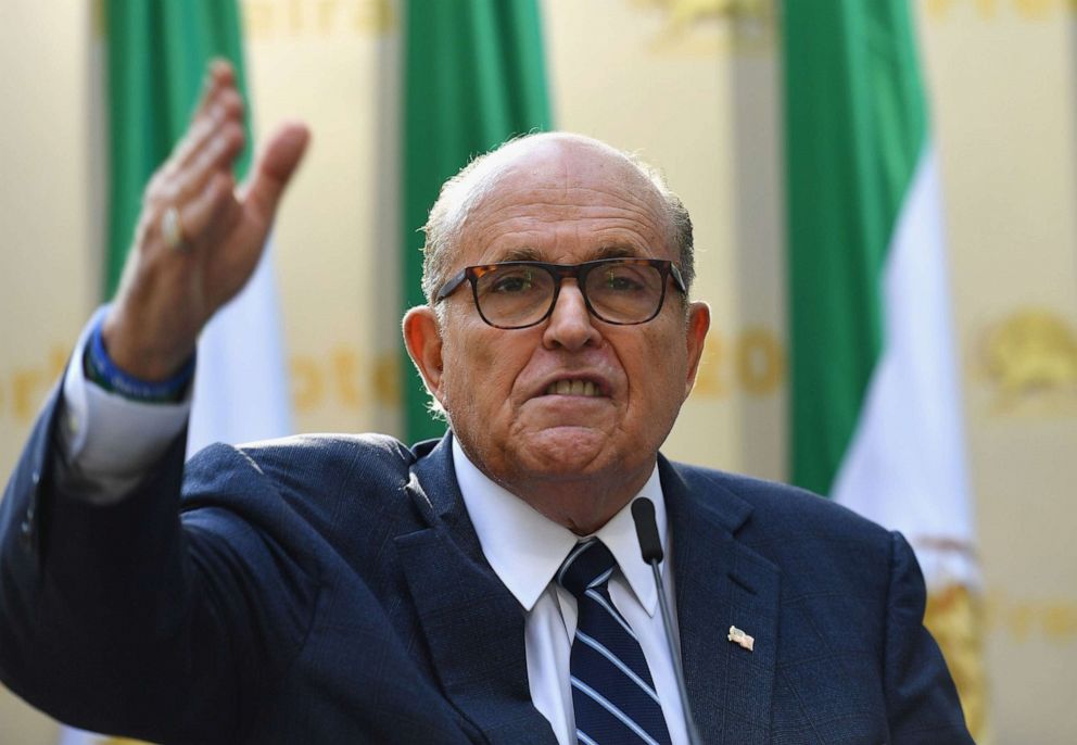 PHOTO: Rudy Giuliani, Former Mayor of New York City speaks to the Organization of Iranian American Communities during a march outside the United Nations Headquarters in New York on Sept. 24, 2019.