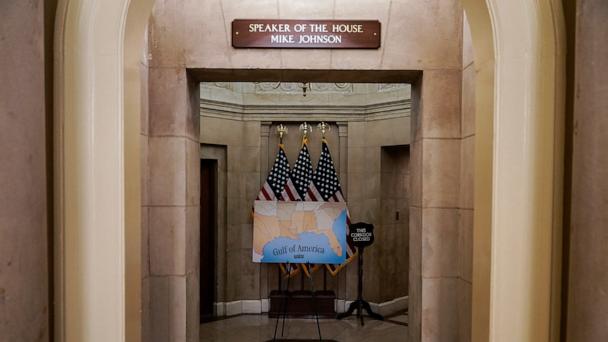 A sign reading "Gulf of America" is seen at the entrance to the office of US Speaker of the House Mike Johnson at the Capito, May 7, 2025. 