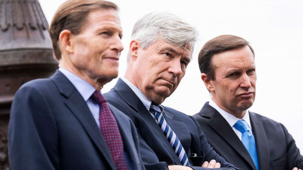PHOTO: Sens. Richard Blumenthal, Sheldon Whitehouse, and Chris Murphy, attend a rally outside the U.S. Capitol to demand the Senate take action on gun safety outside the Capitol in Washington, May 26, 2022.