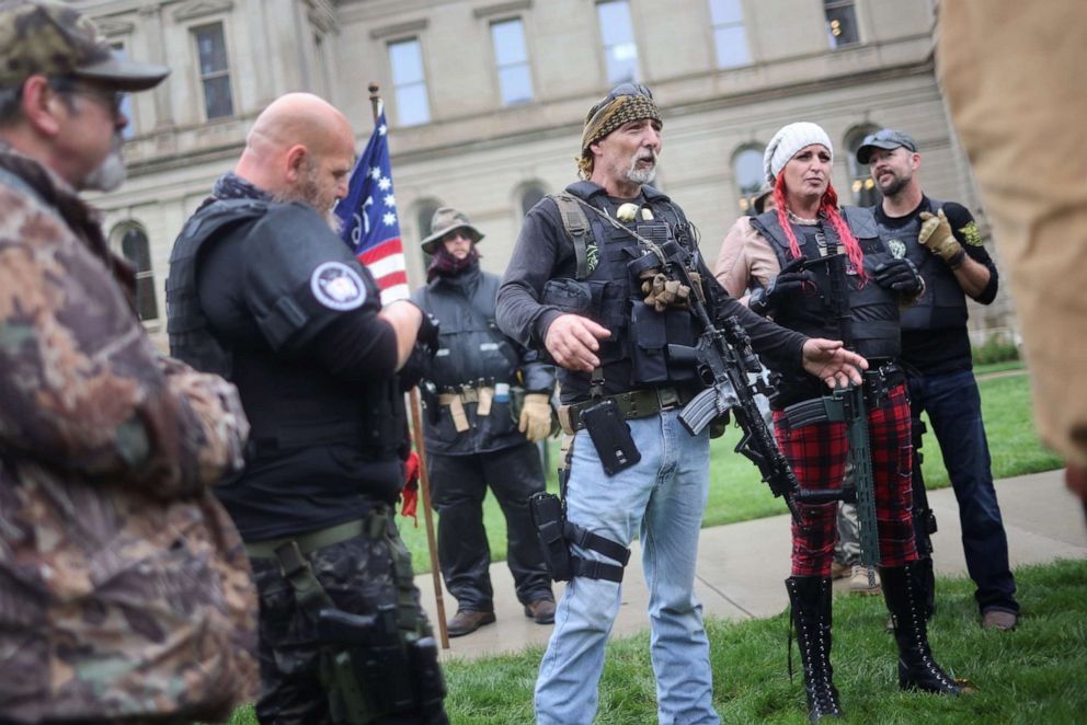 PHOTO: Gun rights activists gather for a rally at the Michigan State capital building on Sept. 23, 2021, in Lansing, Mich.