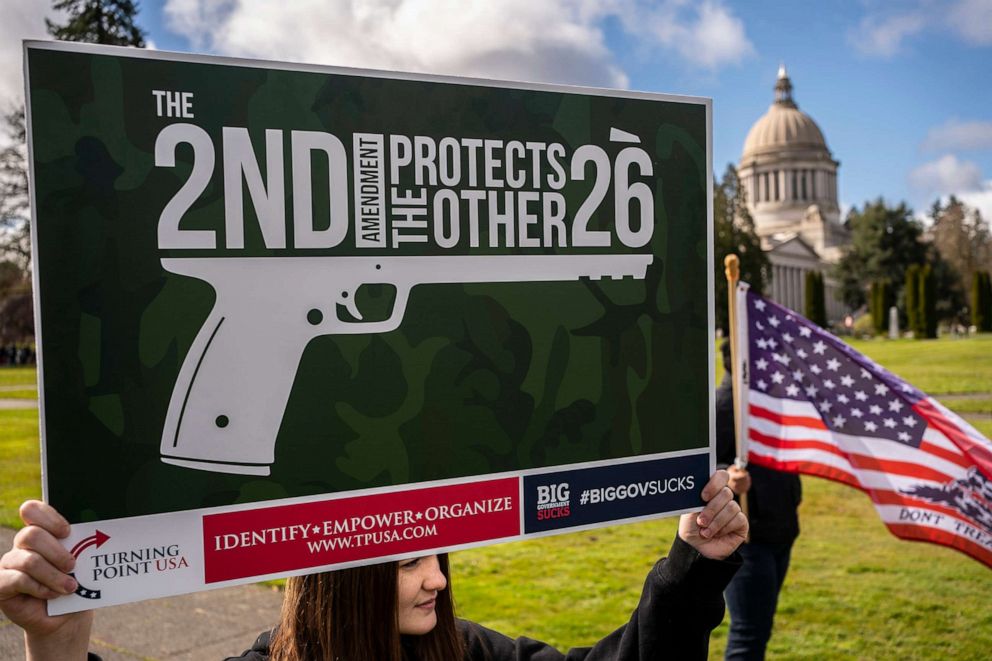 PHOTO: Demonstrators gather for a Second Amendment rally at the Washington State Capitol, March 20, 2021, in Olympia, Wash.