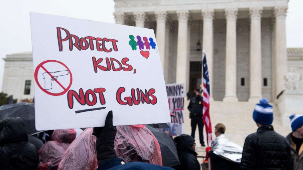 PHOTO: Supporters of gun control and firearm safety measures hold a protest rally outside the Supreme Court, Dec. 2, 2019.