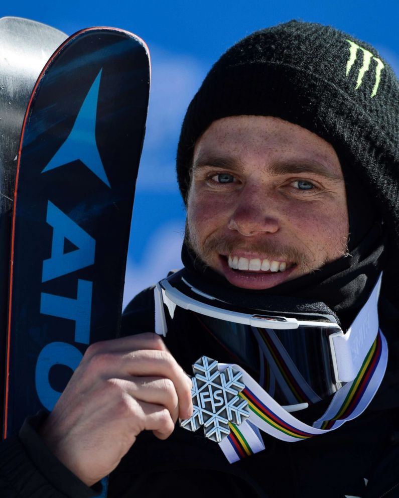 PHOTO: Silver medal winner freestyler Gus Kenworthy celebrates on the podium of the men's SlopeStyle at the FIS Snowboard and Freestyle Ski World Championships 2017 in Sierra Nevada on March 19, 2017.