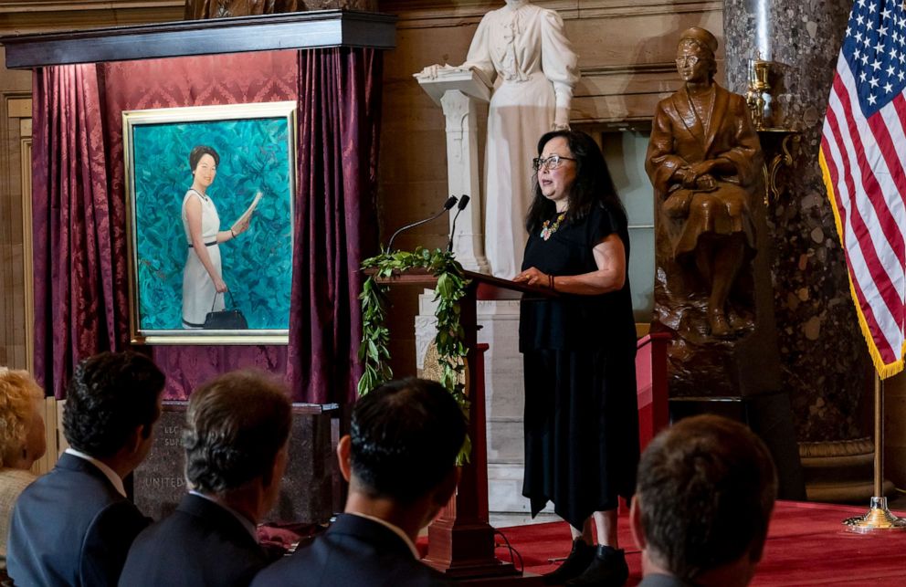 PHOTO: Gwendolyn Mink speaks after the unveiling of a portrait of her mother, the late Rep. Patsy Mink of Hawaii, during a celebration of the first Asian-American woman elected to Congress, at the Capitol in Washington, D.C., June 23, 2022.