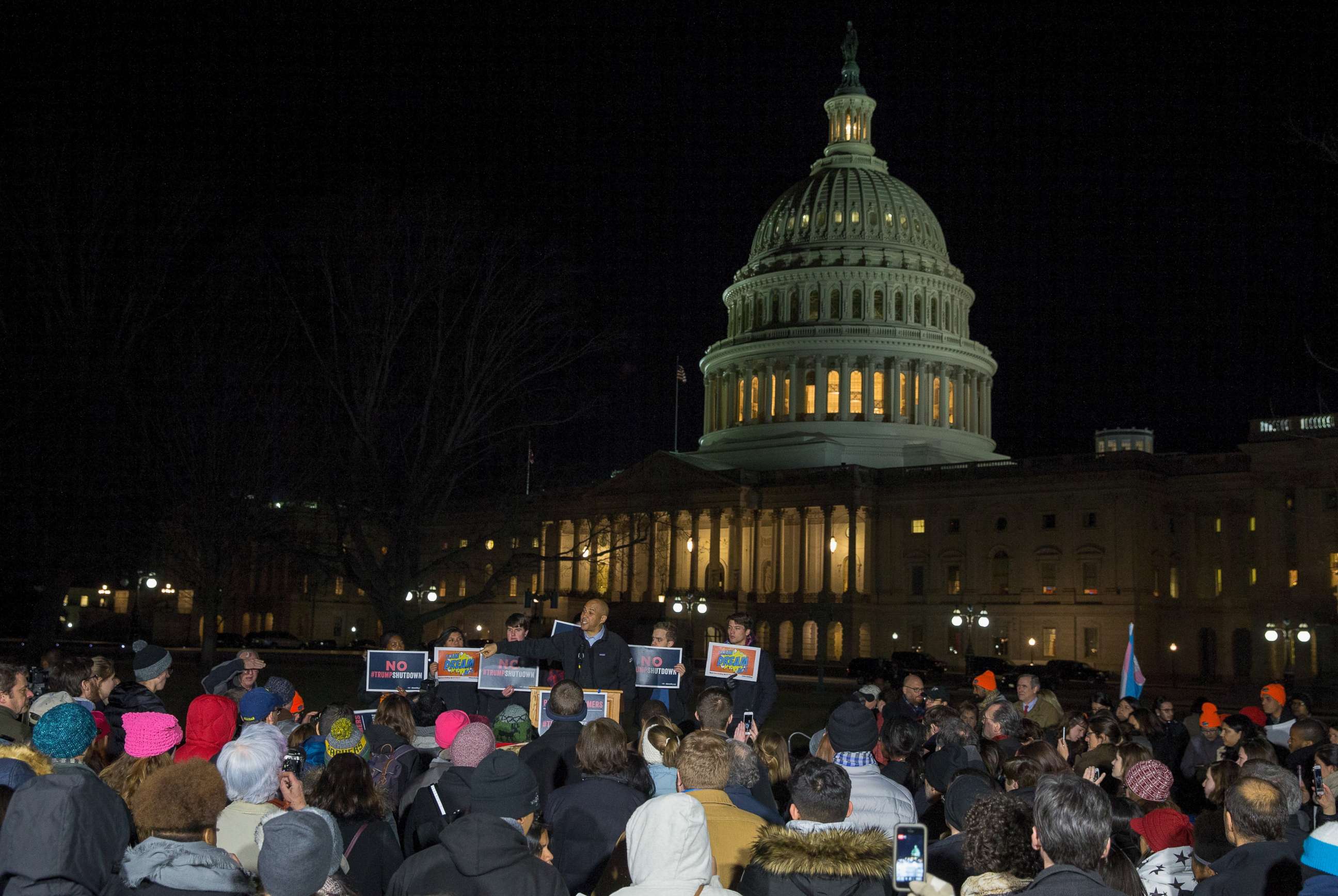 Senator Cory Booker (D-NJ) speaks at a rally outside the US Capital on January 19, 2018 in Washington, DC. A continuing resolution to fund the government has passed the House of Representatives but faces a stiff challenge in the Senate.