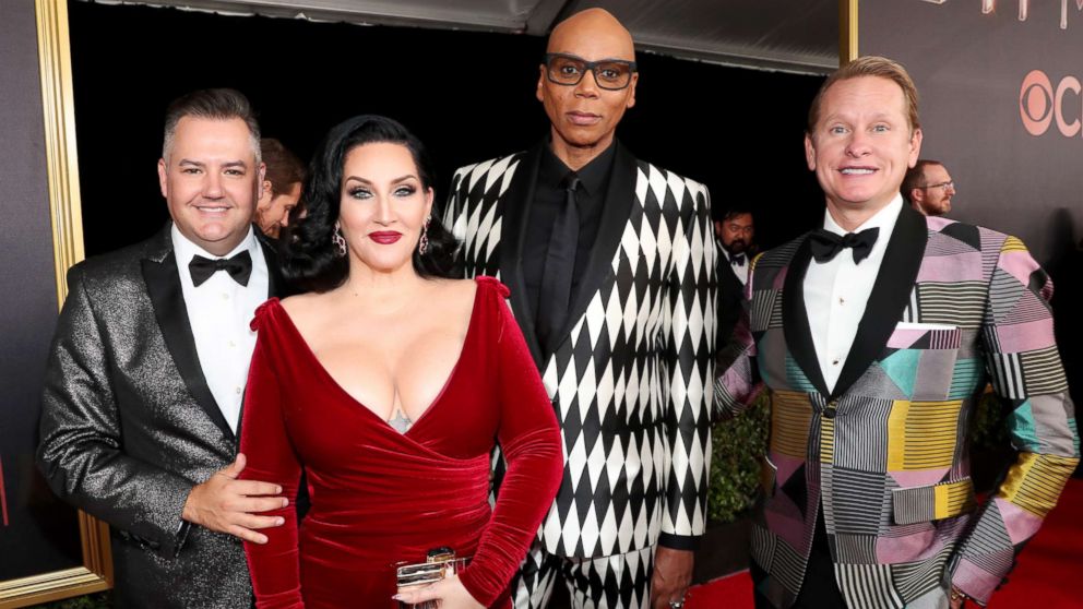 PHOTO: (L-R) TV personalities Ross Mathews, Michelle Visage, RuPaul, and Carson Kressley walk the red carpet during the 69th Annual Primetime Emmy Awards at Microsoft Theater on September 17, 2017 in Los Angeles, California.  