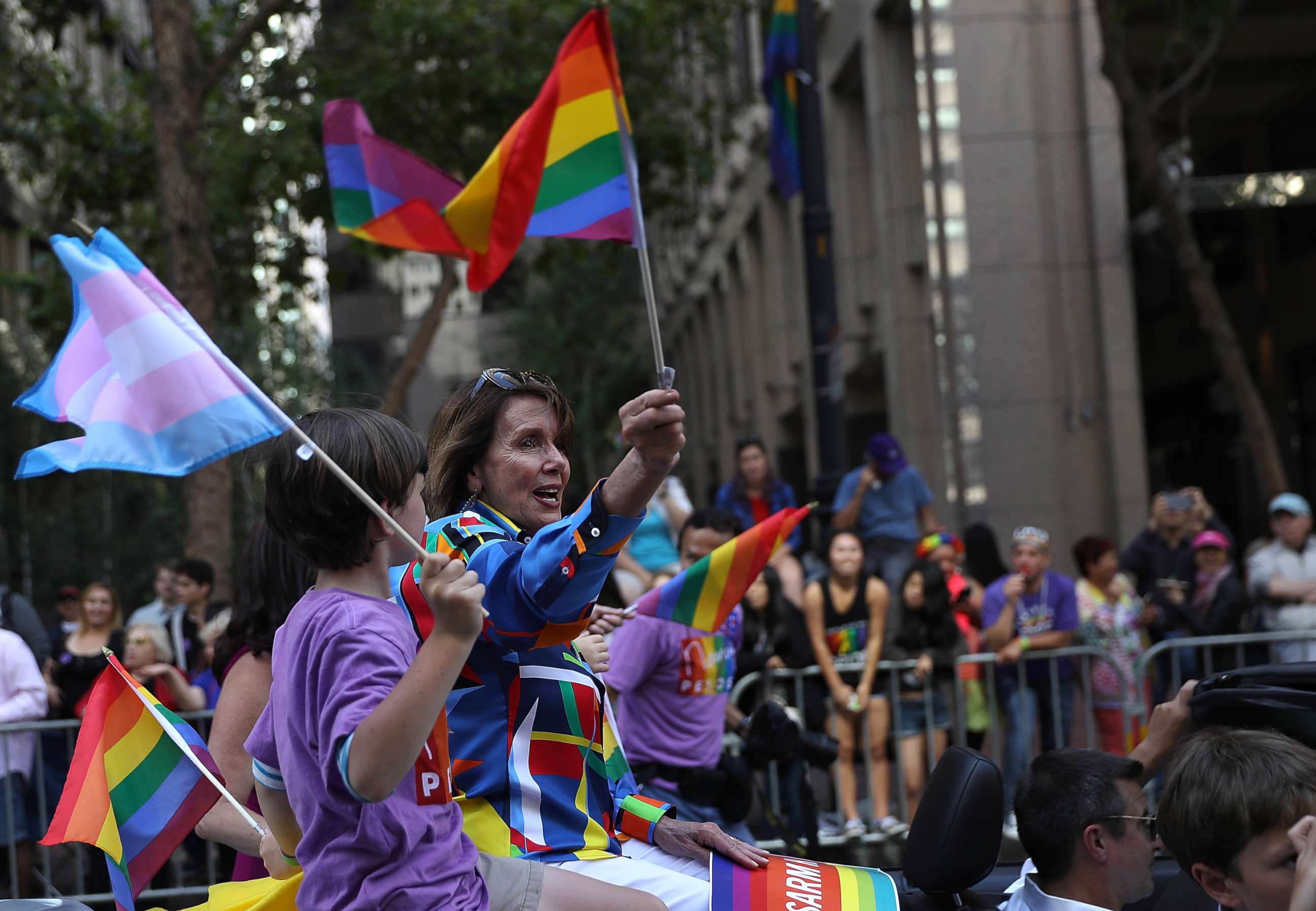 PHOTO: U.S. Rep Nancy Pelosi (D-CA) waves a pride flag during the 2016 San Francisco Pride Parade on June 26, 2016 in San Francisco, California. Hundreds of thousands of people came out to watch the annual San Francisco Pride parade.