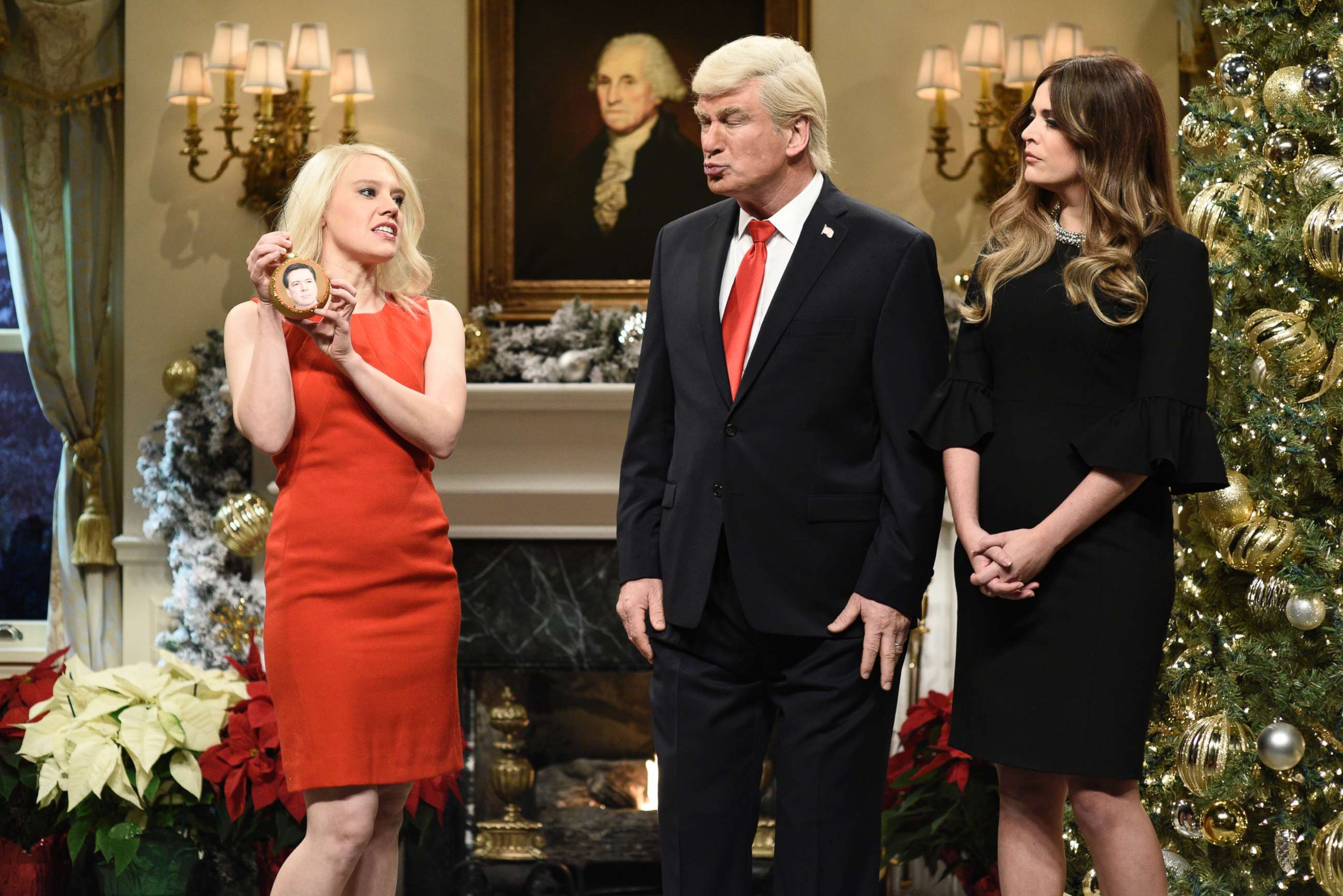 PHOTO: SATURDAY NIGHT LIVE -- Episode 1734 -- Pictured: (l-r) Kate McKinnon as Counselor to the President Kellyanne Conway, Alec Baldwin as President Donald J. Trump, Cecily Strong as First Lady Melania Trump on Saturday, December 16, 2017 